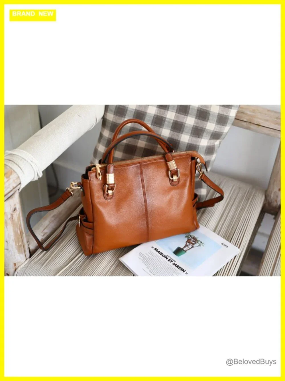 Vintage Style Satchel Tote Shoulder Bag with Top Grain Pebbled Cowhide Leather